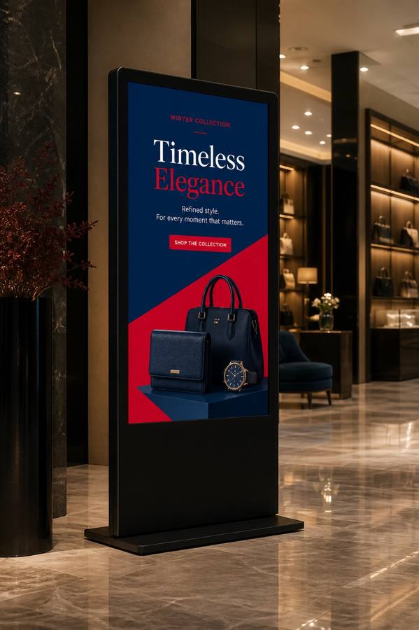 Premium digital signage display in a modern retail lobby