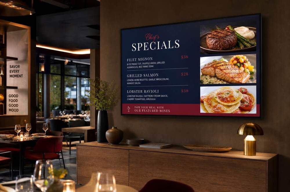 Restaurant digital menu board glowing in a dining room
